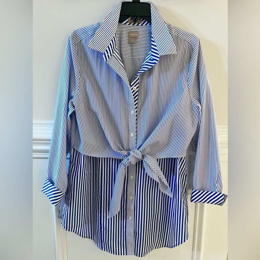 Chico’s Blue/White Stripe Tie-Front Button Down Coastal Classic Tunic Size LG - Picture 4 of 6